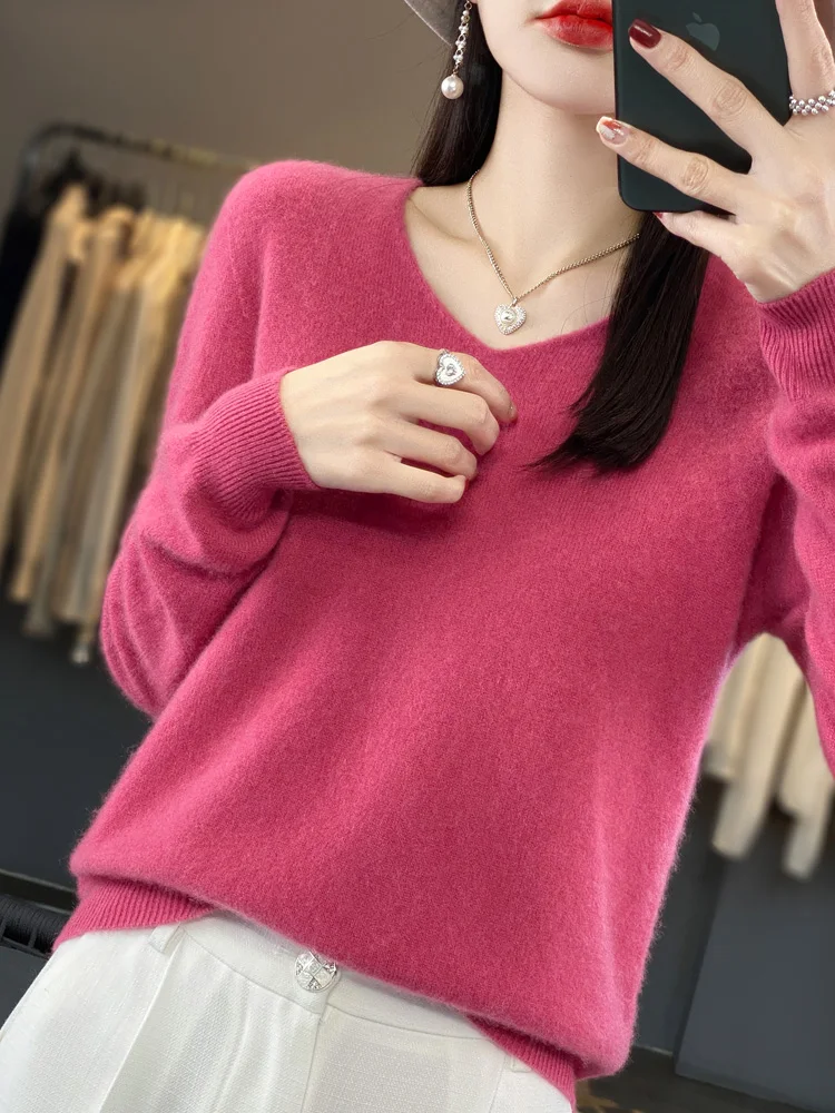 Women 100% Merino Wool Pullove Spring Autumn Cashmere Sweater Women\'s V-neck Clothing Fashion Versatile Solid Color Long Sleeve