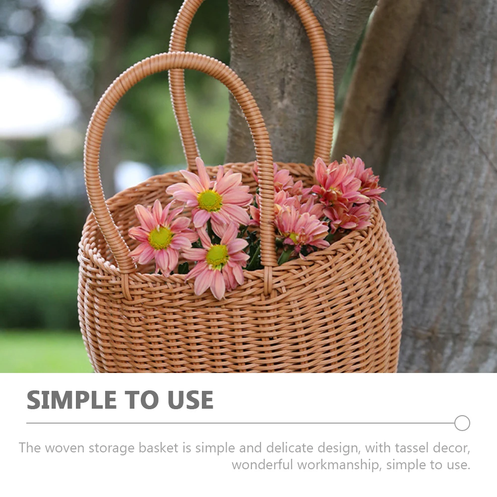 

Portable Fruit Hand Woven Picnic Small Size Handle Storage Box Home Decor Gift Basket Woven Flower Basket Reusable Plastic