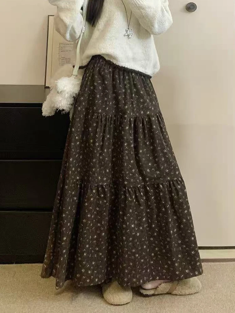 

Vintage Floral Skirts for Women Y2K Autumn Winter Cotton All Match Midi Skirts Korean High Waist Preppy Loose A Line Skirt Mujer