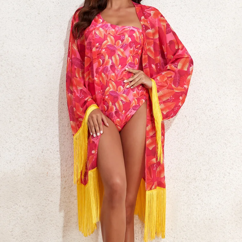 Bathing Suit Women European And American Bikini Two-piece Printed Long-sleeved Blouse One-piece Hot Spring Swimsuit