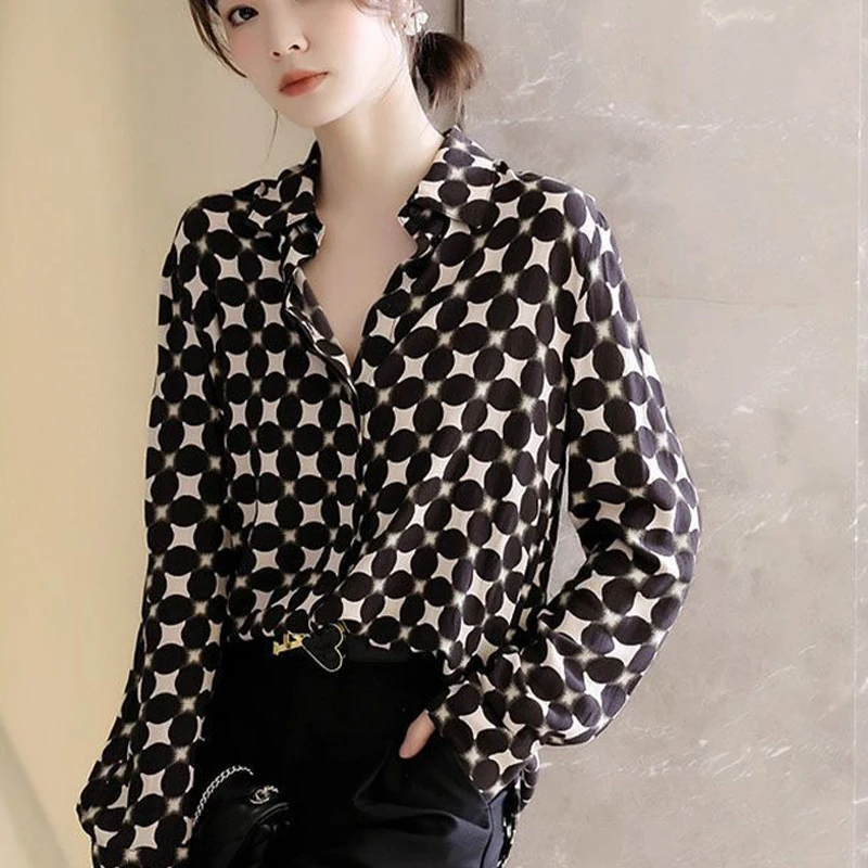 Spring and Autumn Woman's Clothing Office Lady Simplicity Elegant Chiffon Blouse Polka Dot Tops Intellectual Generous Casual Ins