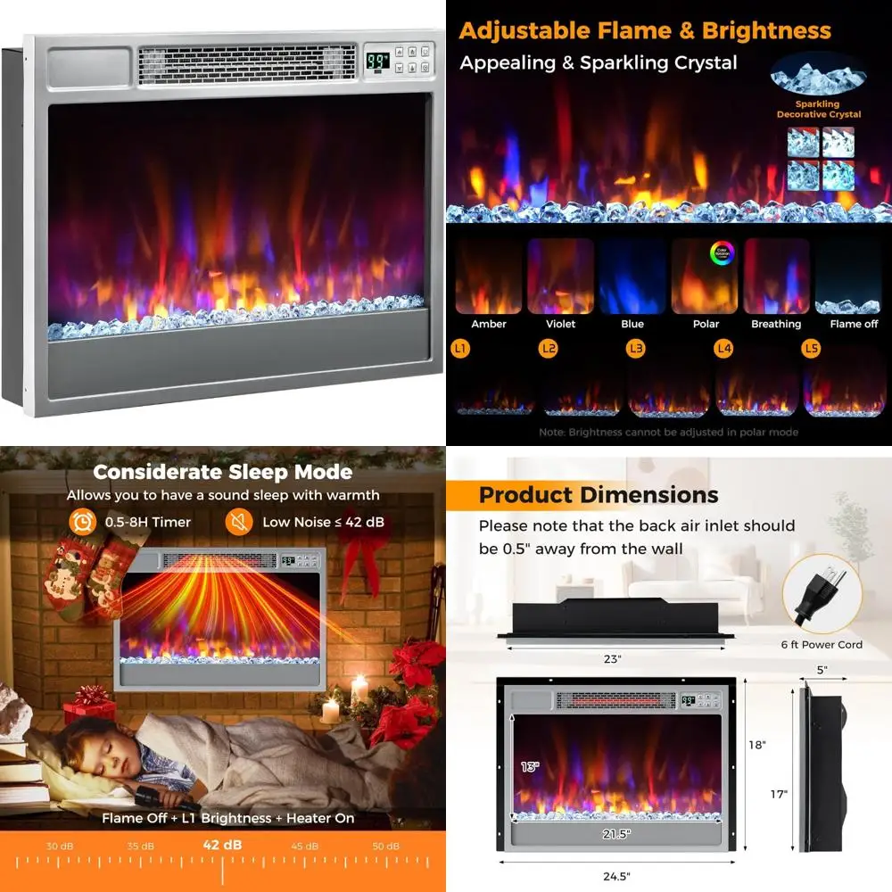 

23 1500W Electric Recessed Fireplace Insert with Remote, 6 Flame Colors, 5 Brightness Levels
