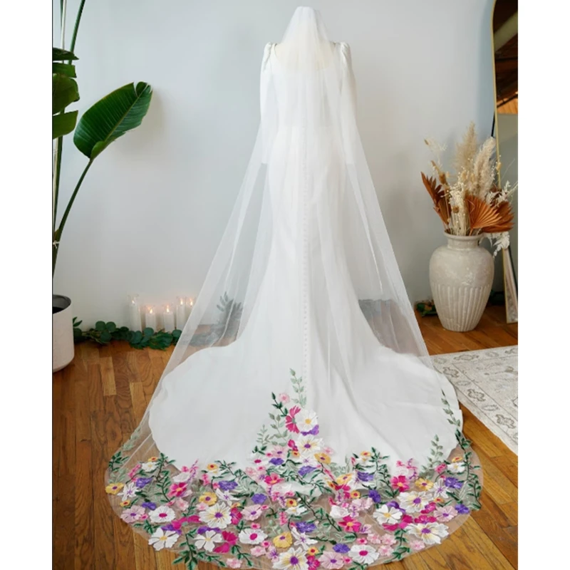 Colorful Flofal Bridal Wedding Veils With Comb Accessories For Brides Cathedral Long Embroidered Flowers Ivory White Tulle Leaf