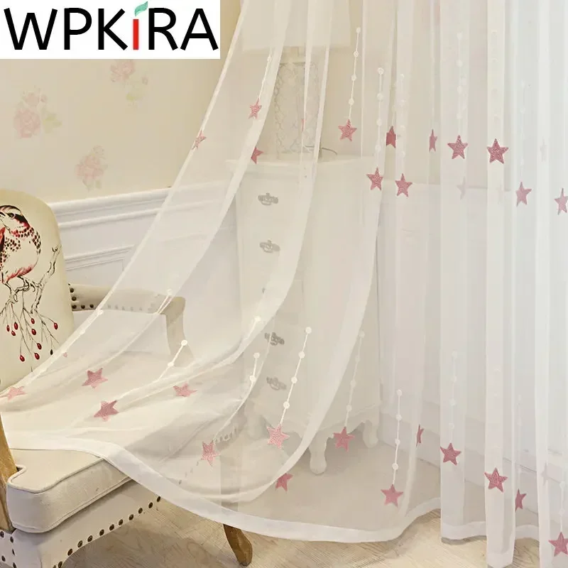 

Pink Embroidered Star Voile Curtain For Kid Girls Bedroom Sheer Curtain For Living room Kitchen Window Drapes Korean Tulle P3093