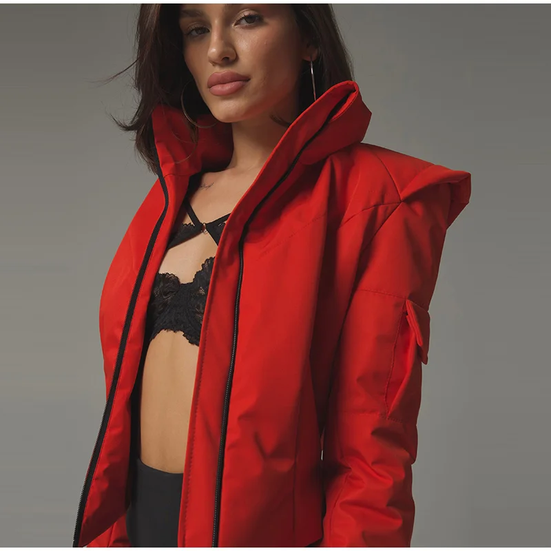 Women's Winter Coat Short Padded Coats Stand Collar Cinched Waist Pad Shoulder Zipper Jacket Street Warm Outerwear For Ladies