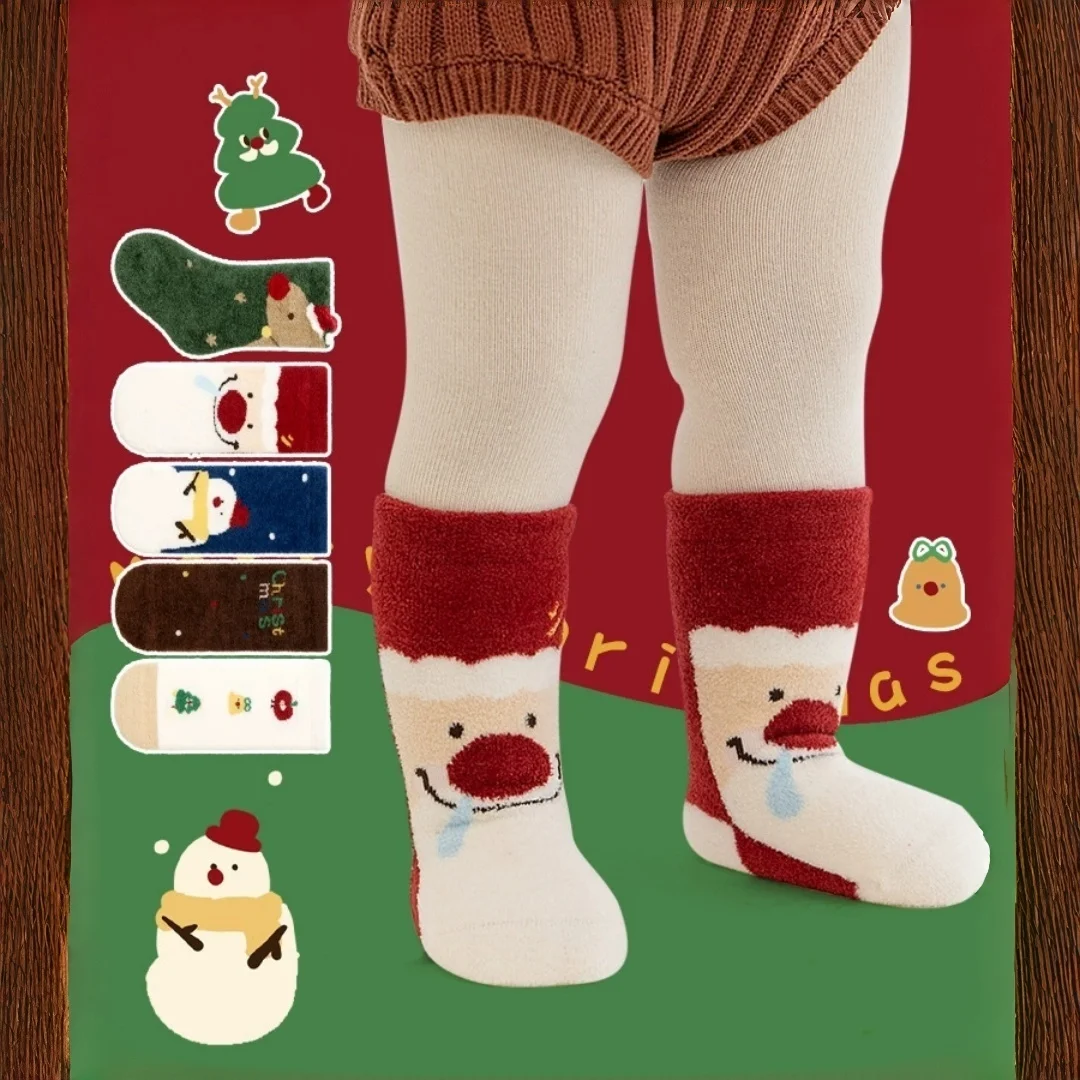 

5 Pairs Boys Girls Thickened Winter Sleep Socks Newborn Baby Cartoon Christmas Coral Fleece Socks Gift Set For 0-5Years