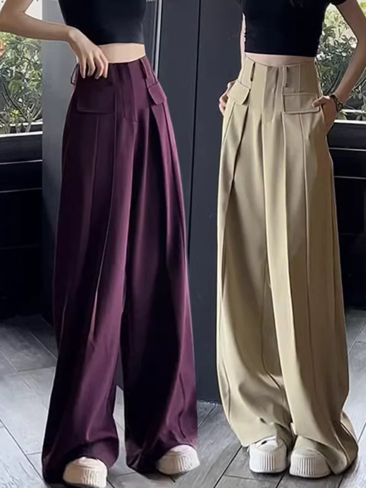 

2023 Spring Y2K Vintage Gray Front Ruched High Waist Wide Leg Pants Women Loose Korean Trousers Full Length Bottom