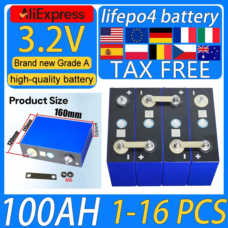 

New high quality 3.2V 100AH lifepo4 battery DIY 12V 24V 48V Rechargeable battery boat solar energy storage household battery