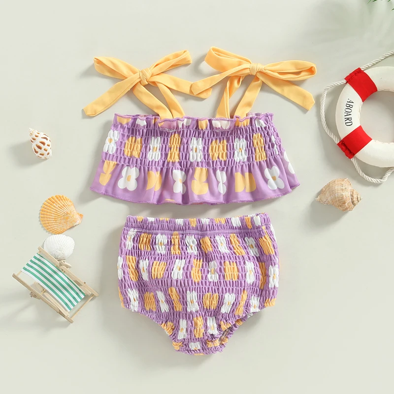 Yiiciovy dzieci dziewczyny Seet bandaż pasek Bikini Set sznurowanie Ruffles Camisole + plisowane figi kwiat wydruku piękne dzieci strój kąpielowy