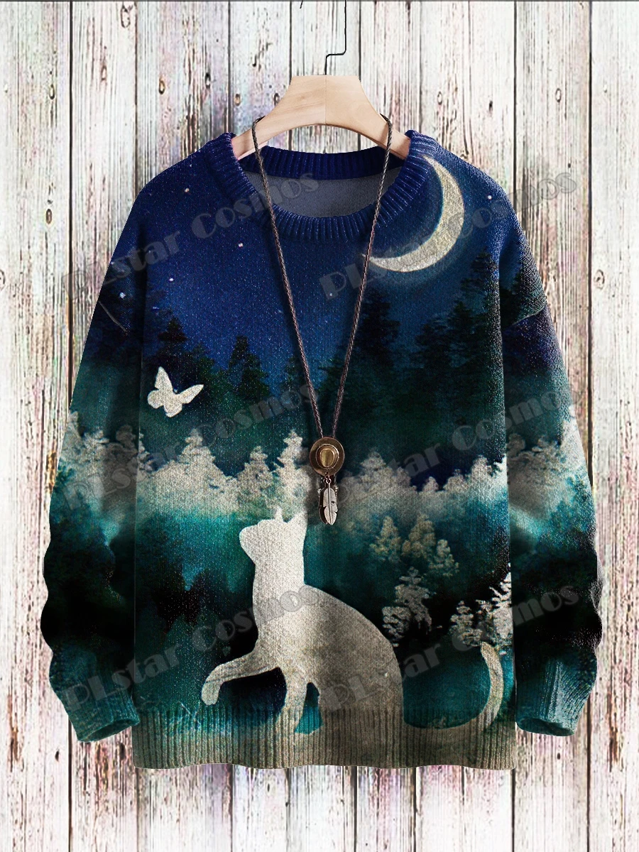 Vintage Cat & Halloween Vintage Ghost Pattern 3D Printed Men\'s Knitted Pullover Winter Unisex Casual Knit Pullover Sweater ZZM90