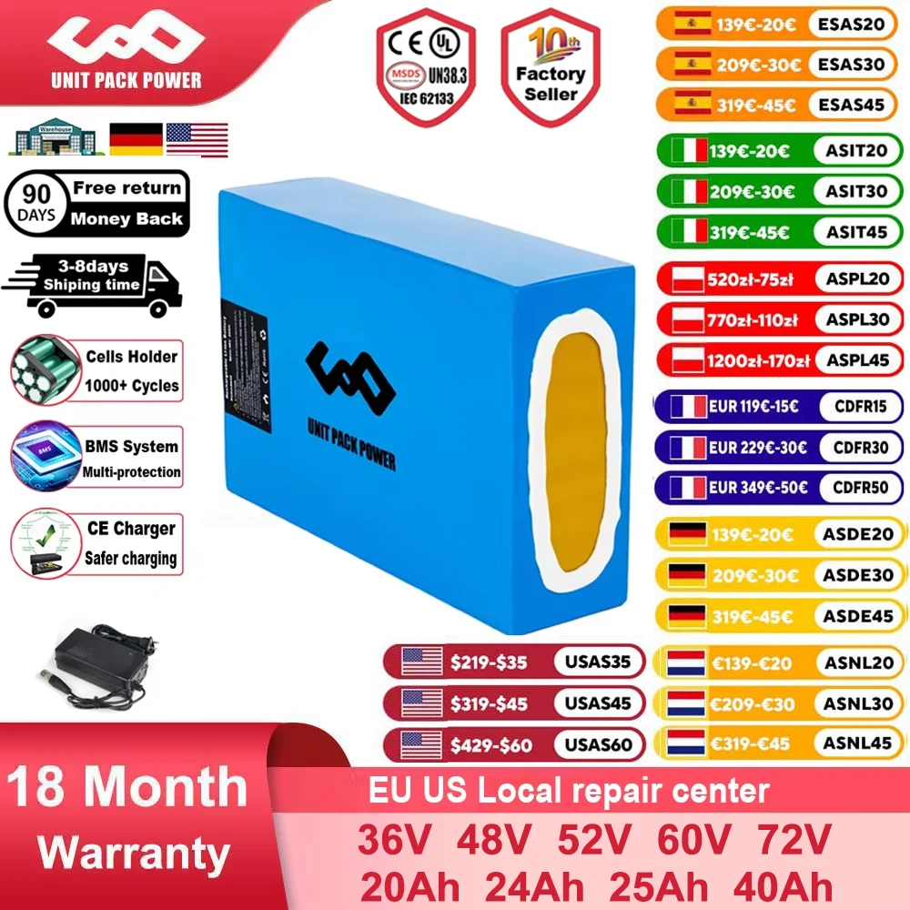 

EU US stock Waterproff EBike Battery 48V 52V 60V 72V 20Ah 25Ah 40Ah Lithium Pack for Electric Bicycle 250W 350W 500W 750W 1000W