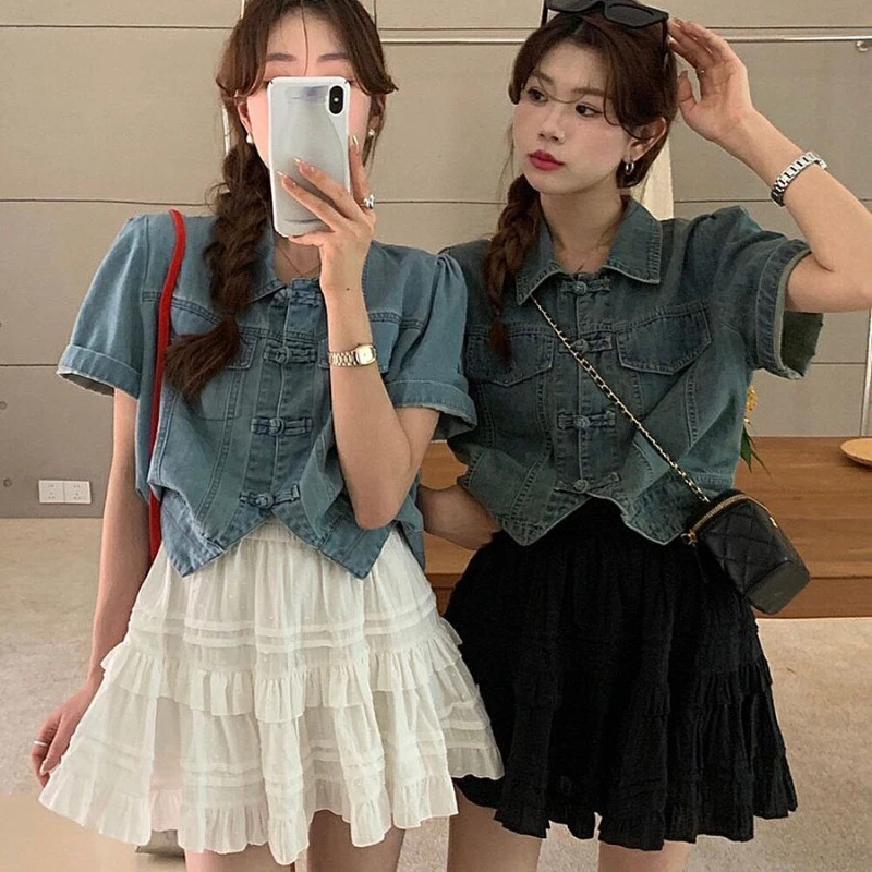 

Denim Short-Sleeved Shirt Jacket Women's SummerThin New Chinese Style National Style Design Sense Niche Short Versatile Top Tide