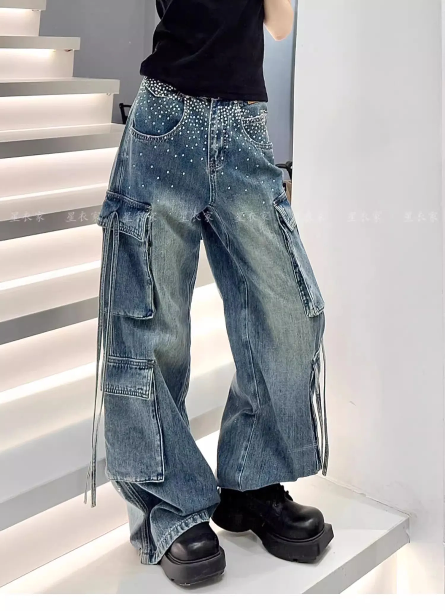 

Women's Blue Casual Jeans Y2K American High Street Harajuku Aesthetic 2000S Retro Loose Wide Leg Jeans Pants Clothing 2025 New