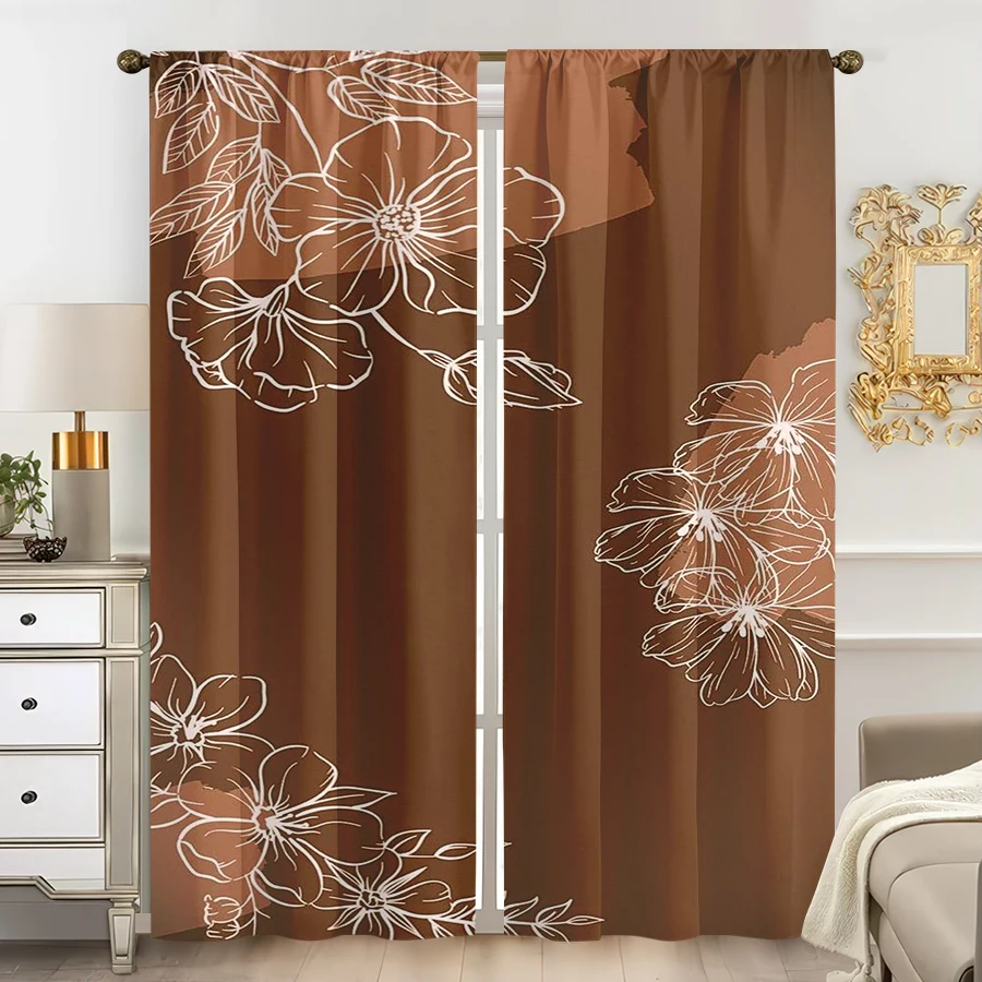 2 Stück mehrfarbige braun-weiße Vorhänge mit floralen Linienmuster und Stangeneinsatz für Schlafzimmer und Wohnzimmer