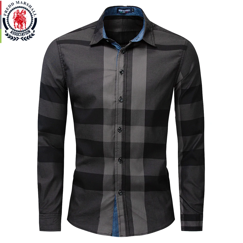 Fredd Marshall 2023 Summer Fashion Random Plaid Shirt Men Long Sleeve Casual Slim Fit Shirts Tops 100% Cotton Chemise Homme 199