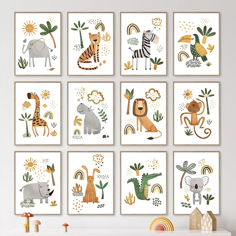 Jungle Animals Lion Elephant Giraffe Nursery Kids Bedroom Posters Nordic Cartoon Canvas Painting Baby Room Wall Art Decoration