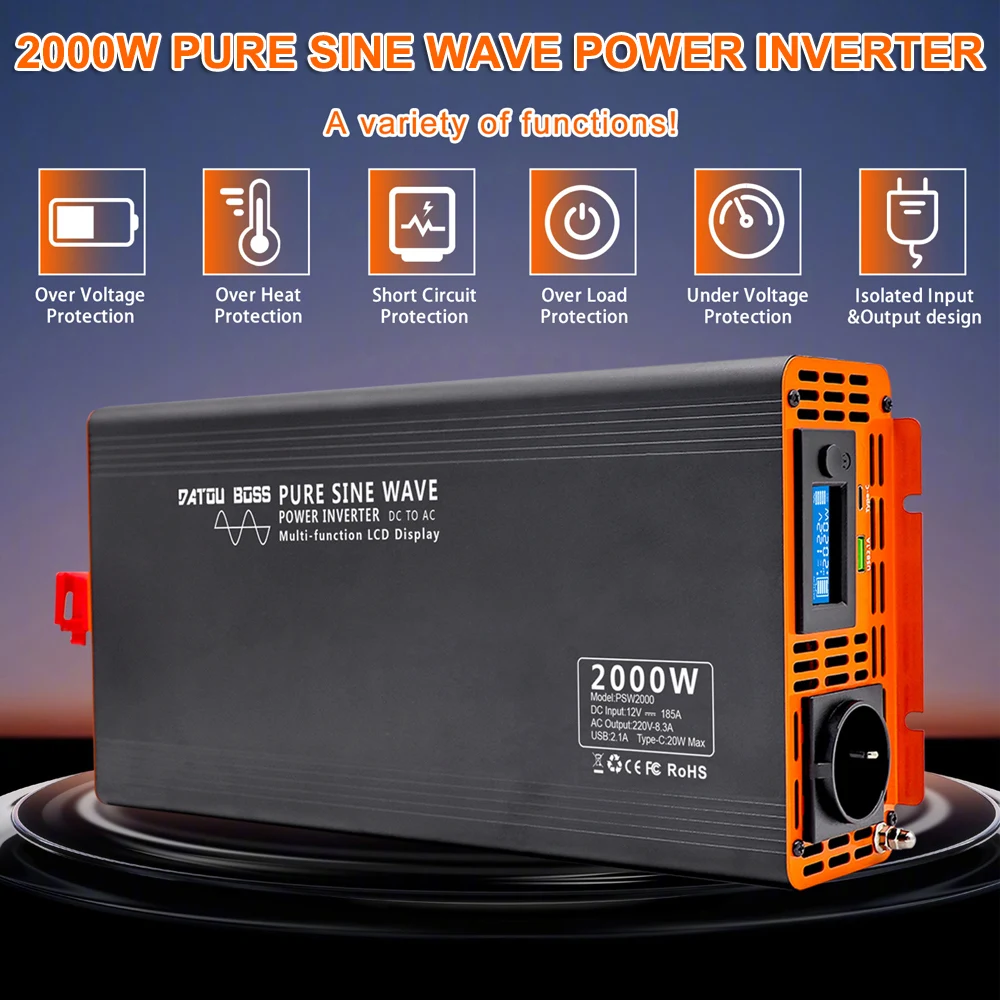 DATOUBOSS 2000W Wechselrichter DC 12V/24V/36V Reiner Sinus-Wechselstrom AC 220V Stromwandler für Zuhause, LKW und Auto mit USB Typ C LCD – Detail 1