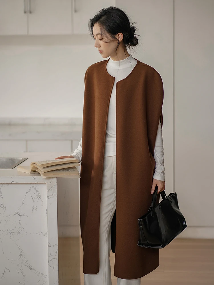 

Весна 2026: Женский свободный длинный кардиган с круглым вырезом и воротником-хомутом, шерстяное пальто, повседневное, для работы, из смесового полиэстера