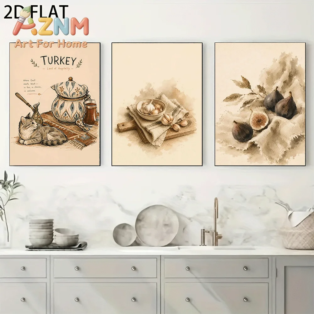 AZNM Frameless Canvas Wall Art, Vintage Watercolor Kitchen Food Print, Cat Teapot Garlic Fig Fruit Art Poster for Dining Room Ki