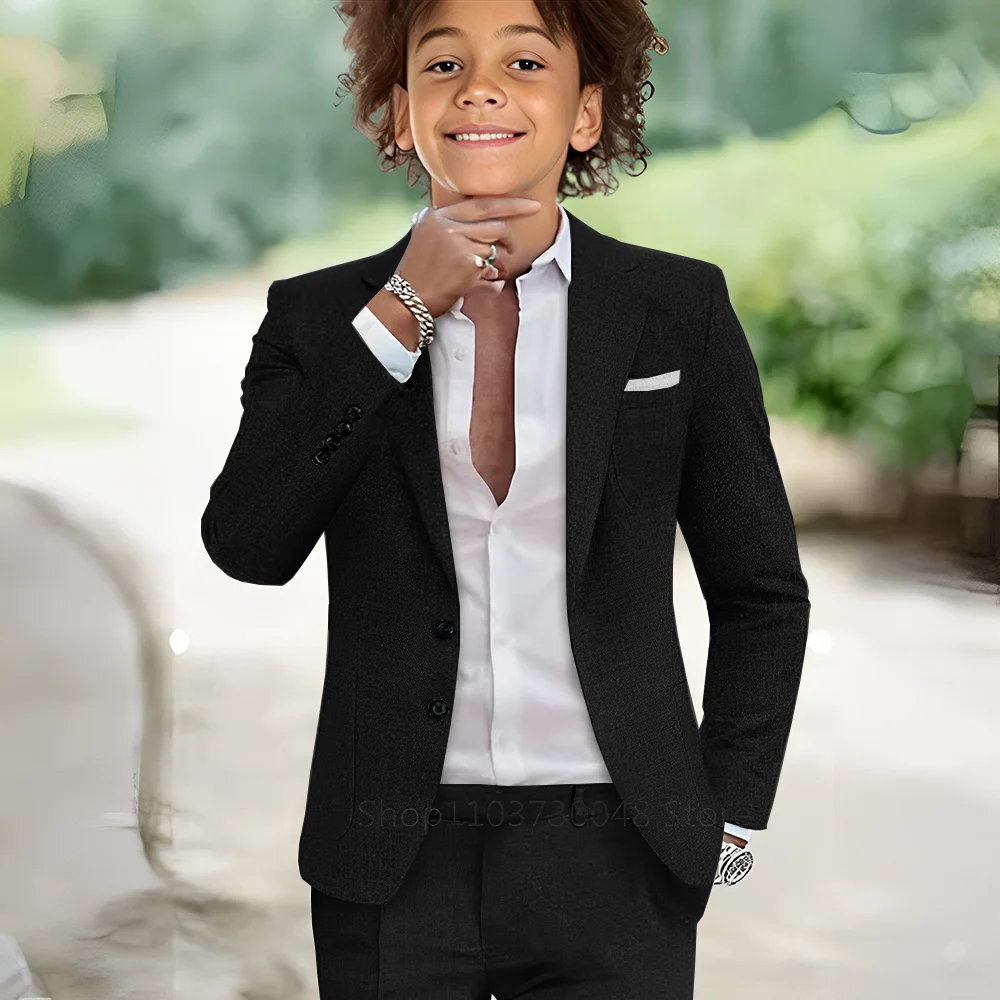 2-teiliges Set aus hellblauem Leinen für den Sommer, Jungenanzüge, Reverskragen, schmale Passform, zwei Knöpfe, Blazer, Hosen, Kinder-Smoking, Hochzeit, Abschlussball