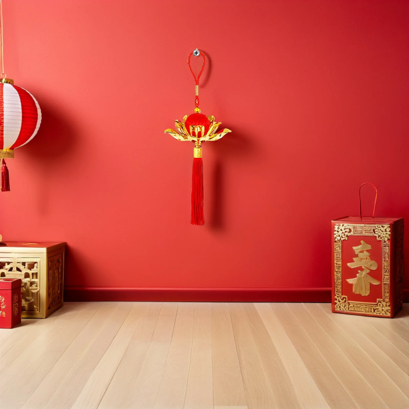 

6Pcs Silk Ball Lotus Lantern Chinese New Year Hanging Ornaments Handcrafted Red Tassels Decor for Spring Festival Indoor Outdoor