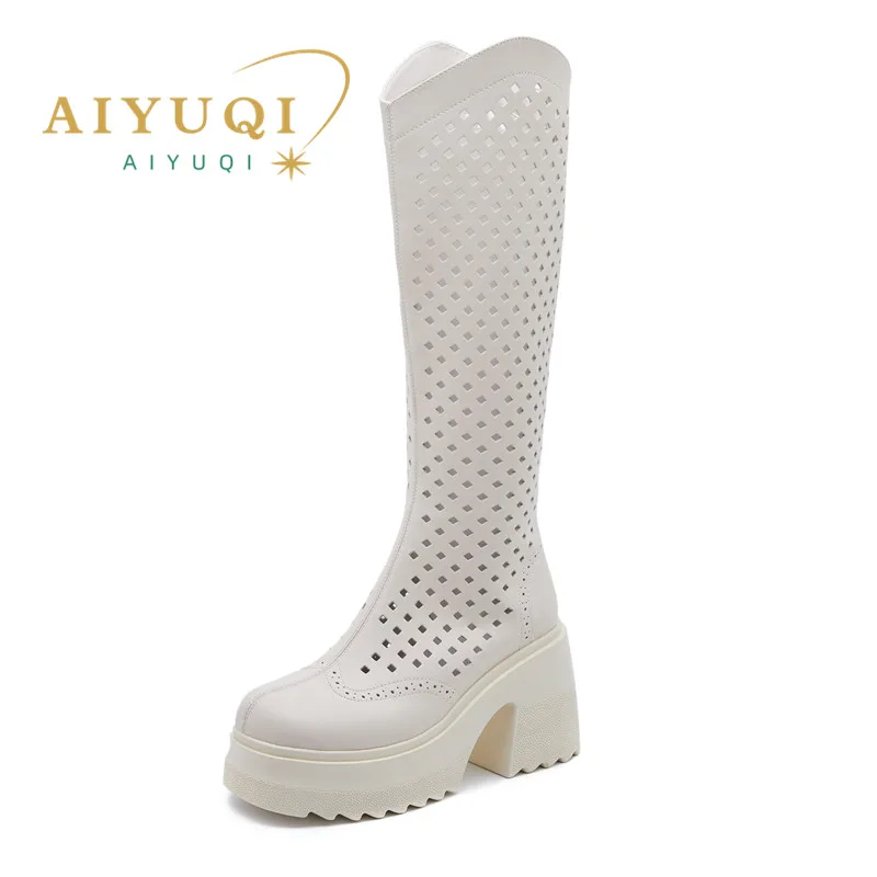 

AIYUQI Mesh Boots Women 2024 New Genuine Leather High Heeled Boots Women Summer Platform Knight Boots Women