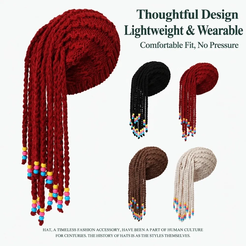 Knitted Dreadlock Beanie Color Bead Decor Faux Braid Dreadlock Hat Integrated Braid Thick Yarn Wig Beanie Street Styling