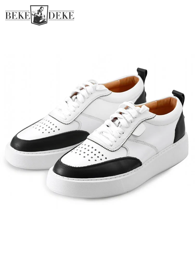 

Designer Men Black White Panelled Casual Thick Platform Shoes Lace Up Cowhide Genuine Leather Sneakers Skateboard Shoes