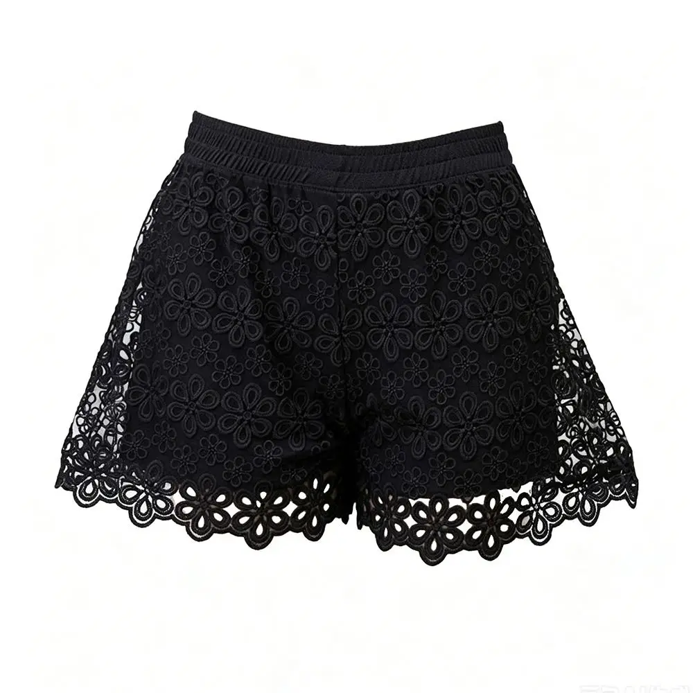 Elastic Waist Lace Safety Shorts Straight Leg Hollow Lace Stitching Floral Lace Shorts Embroidered Lace High-Waist A-line Shorts