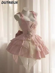 Lolita Princess Short Sling Dress Sweet Rose Pettiskirt Vintage Court Style Waist Cake Jacquard Strap Dresses for Women