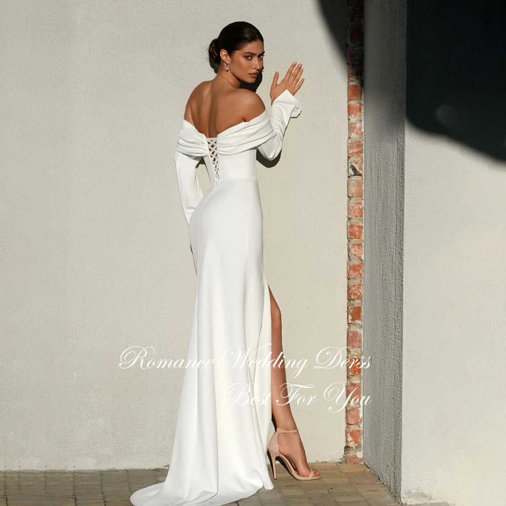 Clássico plissado sereia vestido de casamento sem alças aberto volta manga longa rendas trem varredura vestido de noiva vestidos de novia personalizado