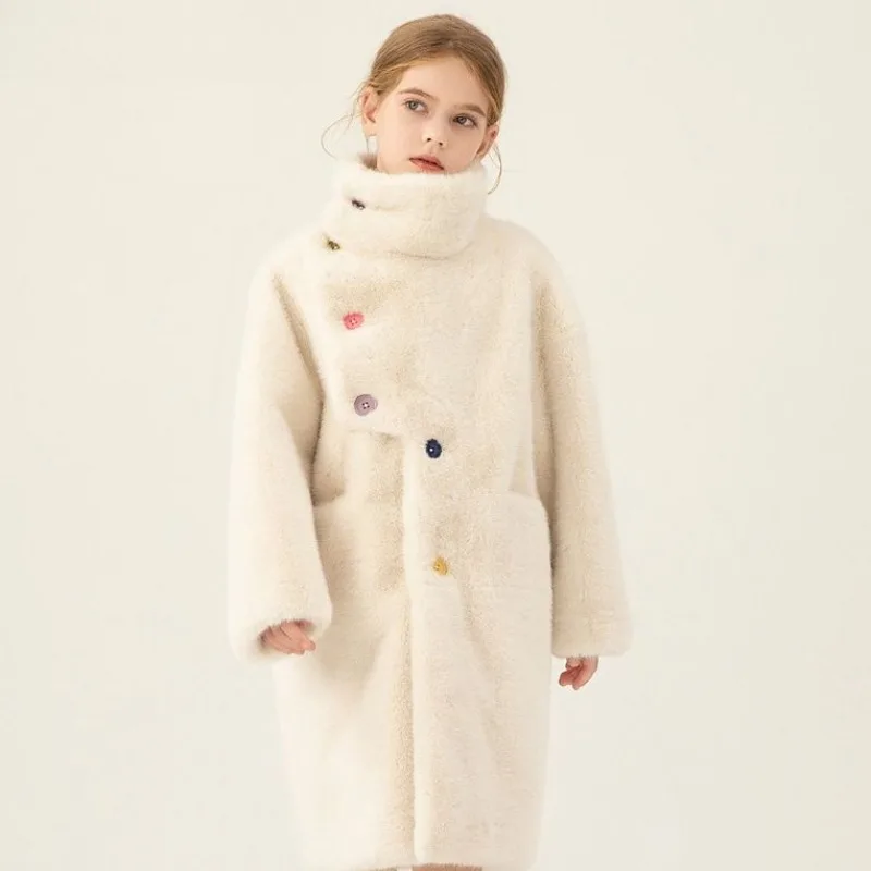 

2025 Autumn Winter New Children's Faux Mink Coat for Girls Mid Length Fluffy Coat with Warmth