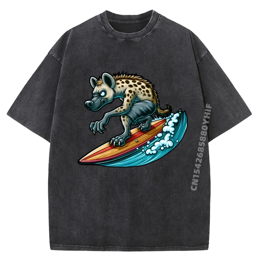 

Cool Hyena Surfing On A Surfboard Beach Fun Plus Size Men Clothing Oversized T Shirt Street Wear Washed Tee Shirt
