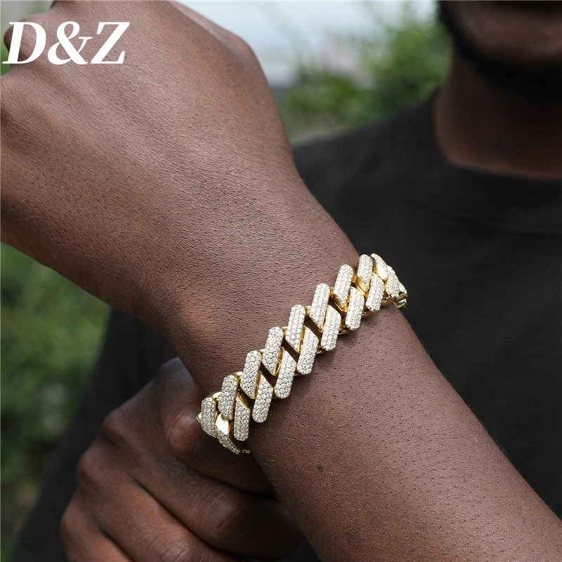 

D&Z Hip Pop Luxury Iced Out 3Rows Zircon Rhombic Cuban Chain Bracelet For Men Fashion 16MM Width