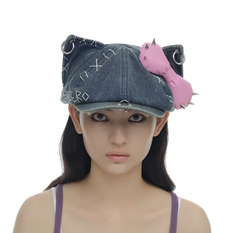 Dark Punk Heavy Craft Cat Ear Beret Hat Women Y2K Bow Rivet Denim Washed Baseball Cap Fashion Accessory Decor