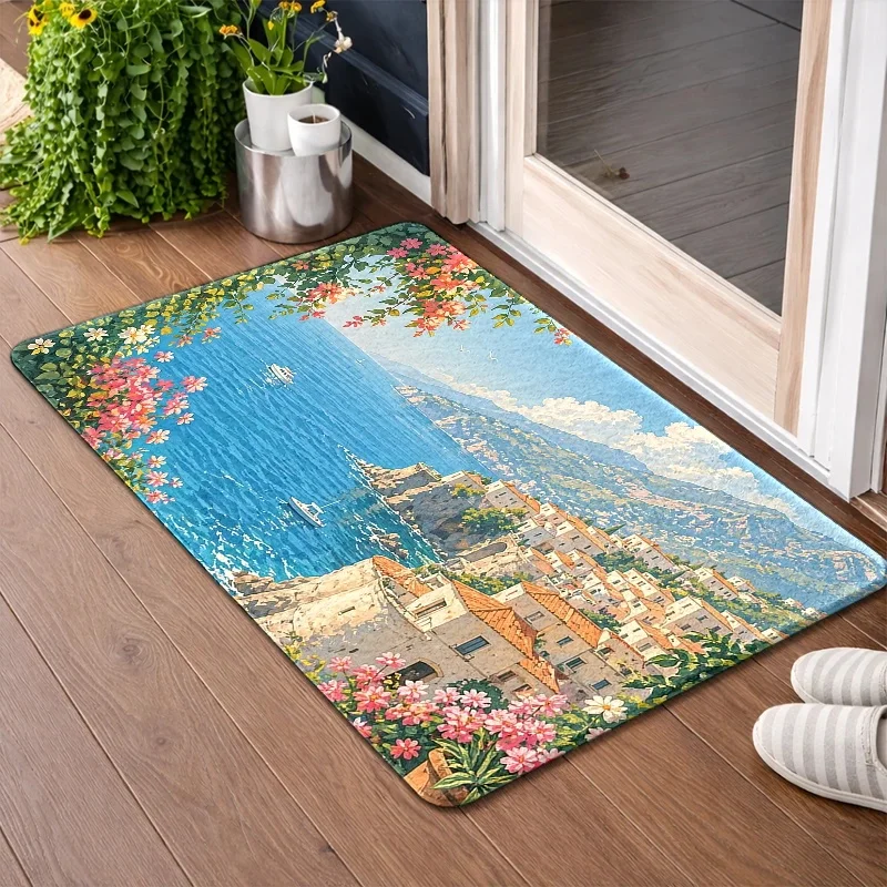 Mediterranean Village Door Mat Cliffside Sea View Non Slip Entrance Rug European Charm Decor Travel Memory Gift