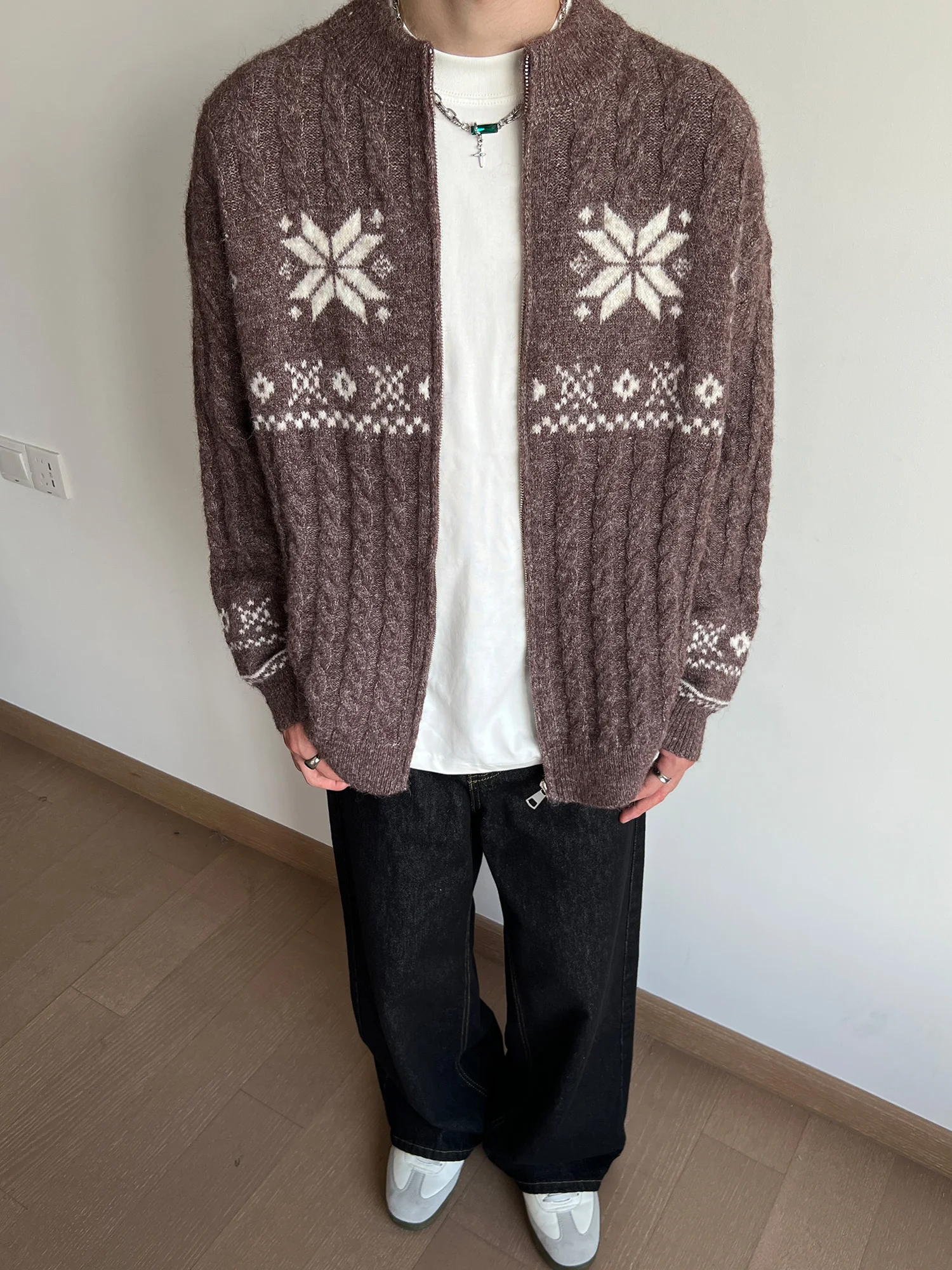 

Американский ретро-кардиган из витого трикотажа, мужской повседневный свитер-пальто для пар, свободный крой, средней толщины, теплый, с круглым вырезом и молнией