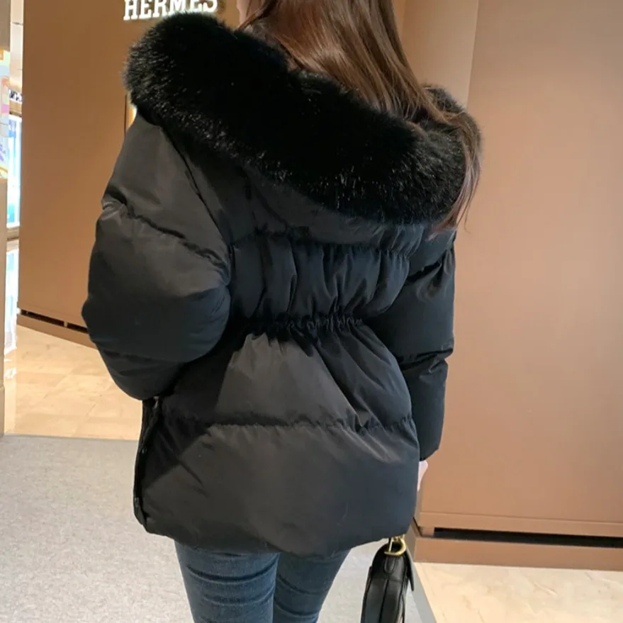 معطف نسائي شتوي من القطن Jaet بياقة من الفرو المزيف معطف دافئ متوسط الطول بياقة كبيرة من الفرو ملابس كورية للتنقل #5
