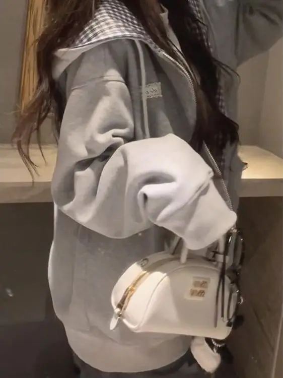 格子柄ジッパー付きフード付きレディースジャケット 春秋 2025年新作 韓国風 ゆったり オープンカーディガン ワイドフィット ロング丈