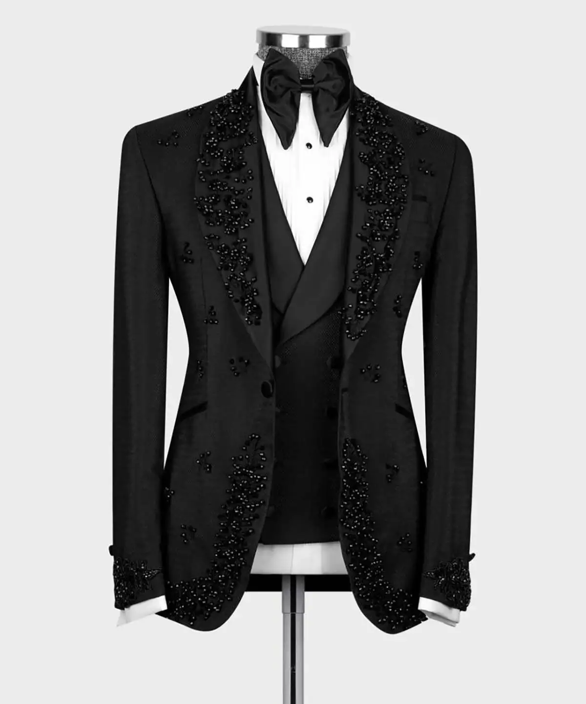 Black Beads Men Wedding Tuxedos Shawl Lapel Groom Banquet Wear 2 Pieces Tailored Birthday Party Prom Fashion Show Pants Sets