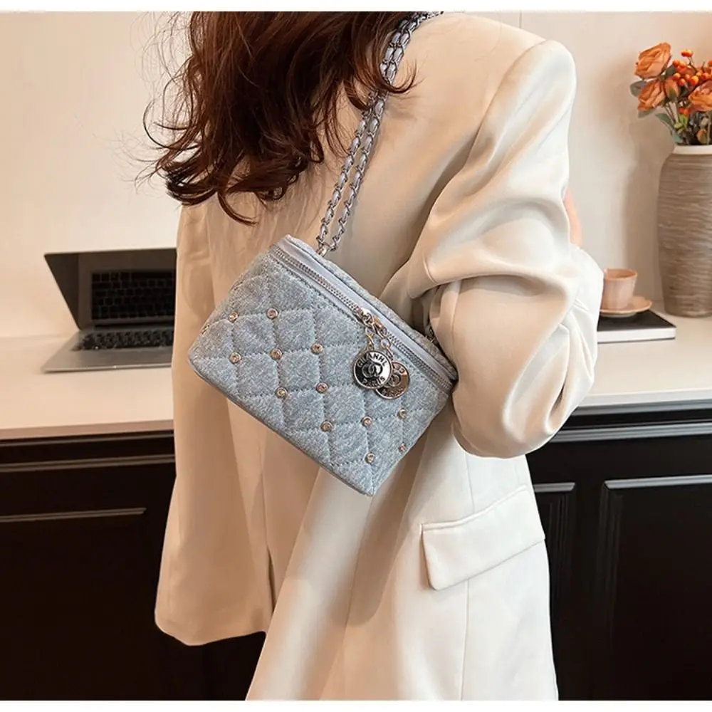 Fashionable Chain Crossbody Bag Denim Plain Bucket Bag Rivet Shoulder Bag