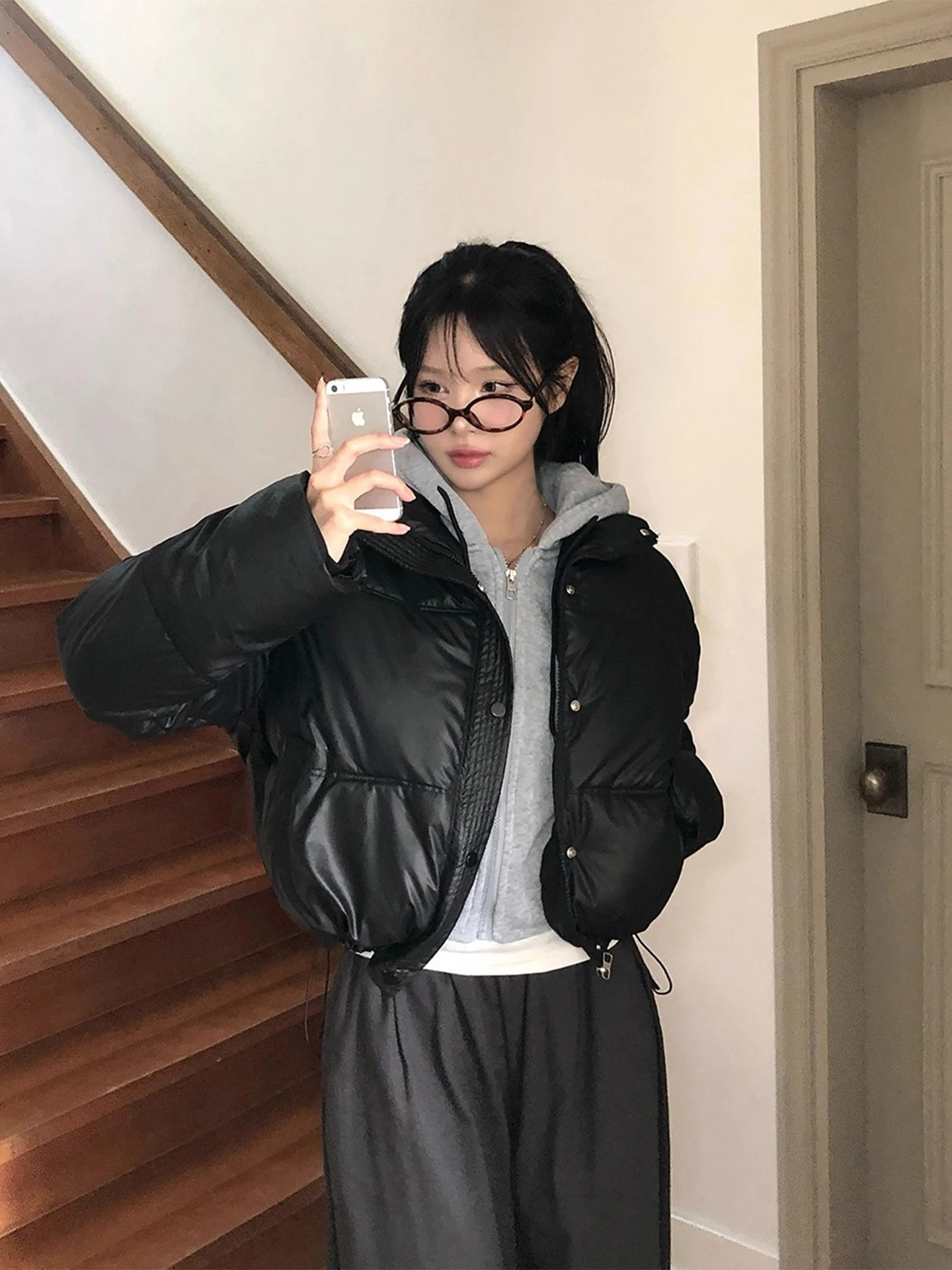 

Retro Sli Color Blo Contrast ort Cotton Jaet Women's Winter New Dstring Hooded Coat Korean Sle Loose Fit