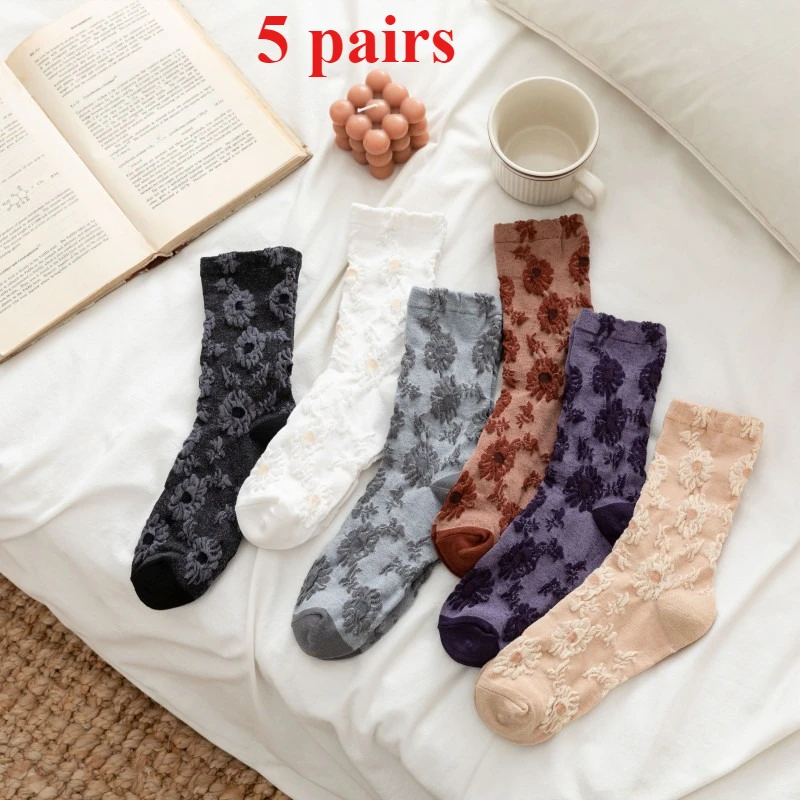 

5 Pairs of High-quality Retro Flower Women's Straight Tube Socks Comfortable Soft and Casual Women's Four Season Mid Tube Socks