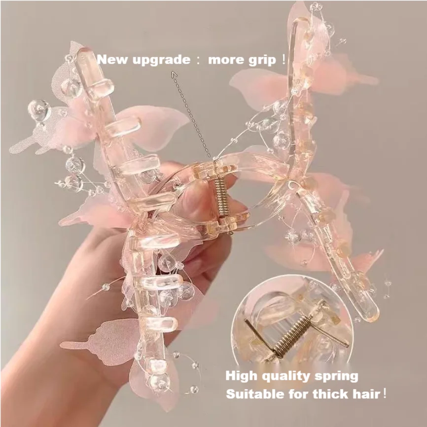 Hellblauer/rosa transparenter Schmetterlingsklauenclip | Pearl Rhinestone Fairycore Haargreifer | Eleganter romantischer Haarschmuck – Detail 2