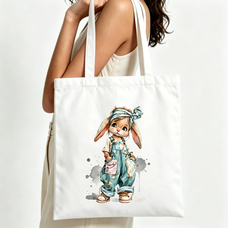 cute rabbit graphic canvas tote bag, casual style for daily shopping and summer outings