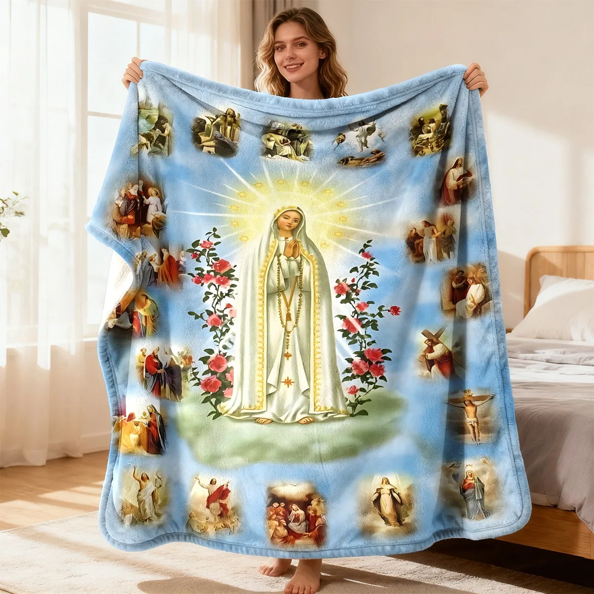 Blessed Virgin Mary Religious Scenes Rose Sky Print Flannel Blanket For Prayer Bedroom Church Warm Religious Home Decor