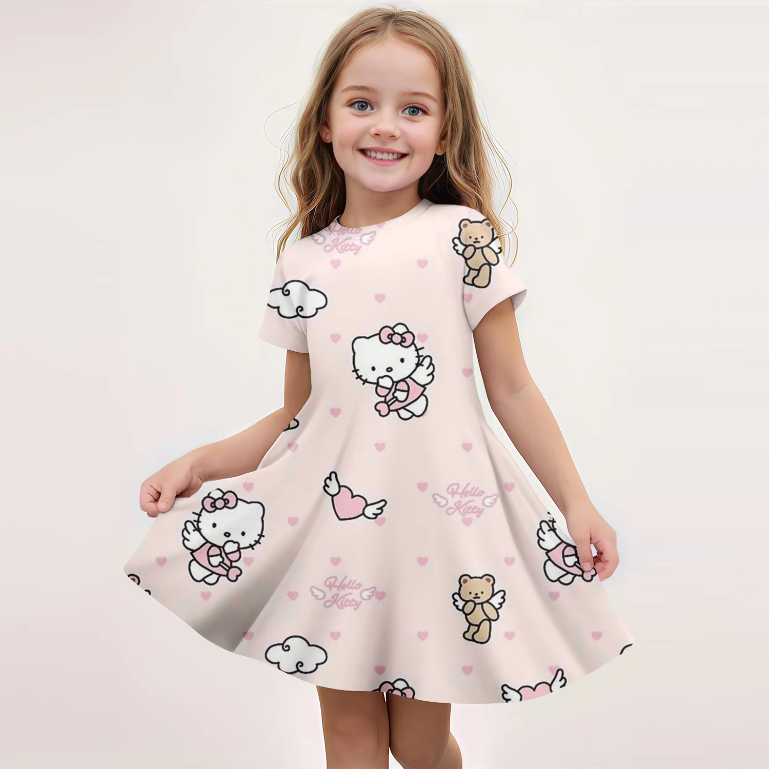

Cute-style children's short-sleeved dress with 3D printed Hello Kitty, featuring an adorable design that kids love to wear