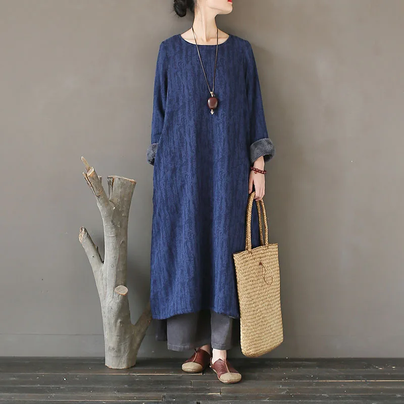 Simple Jacquard Cotton Plus Fleece Warm Over The Knee Dress Women's Winter Round Neck Pullover Loose Casual Robe Solid Color