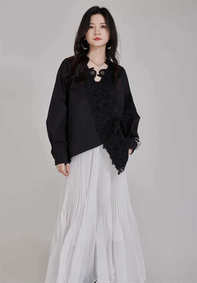 

Женская свободная лоскутная кружевная рубашка, осенний нишевый топ в ленивом стиле с нерегулярными рукавами-фонариками, повседневная мода средней длины