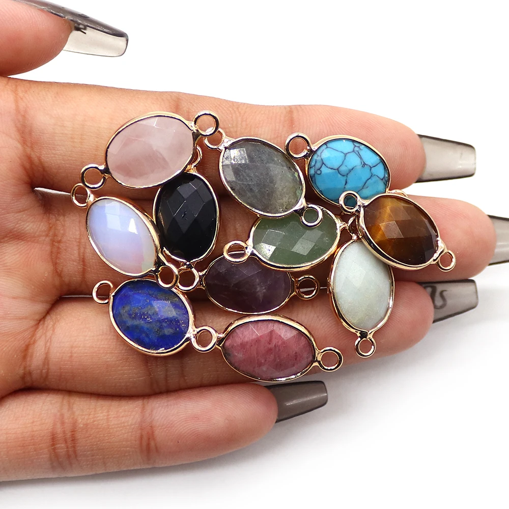 3pcs Natural Stone Double Hole Connector Pendant Oval Amethyst Quartz Charm DIY for Necklace Bracelet Jewelry Making Accessories